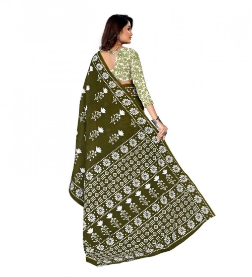 Generic Women's Soft Pure Cotton Printed Saree With Unstitched Blouse 5.5Mtr (Mehendi green)