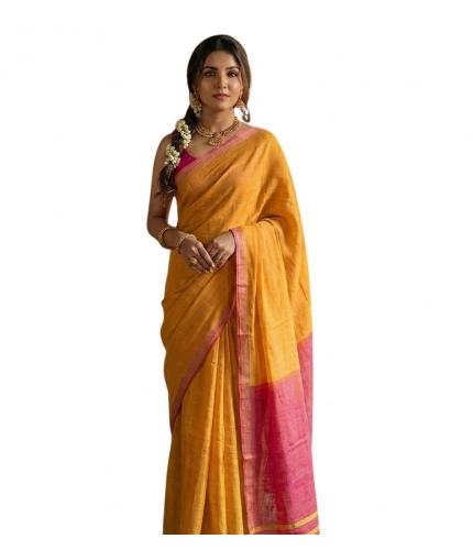 Generic Women's Cotton Printed Saree With Unstitched Blouse 5.5Mtr (Yellow)