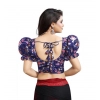 Generic Women's Organza Printed V Neck Puff Sleeve Readymade Blouse (Navy 38 , Alterable up to 42)-PID65868