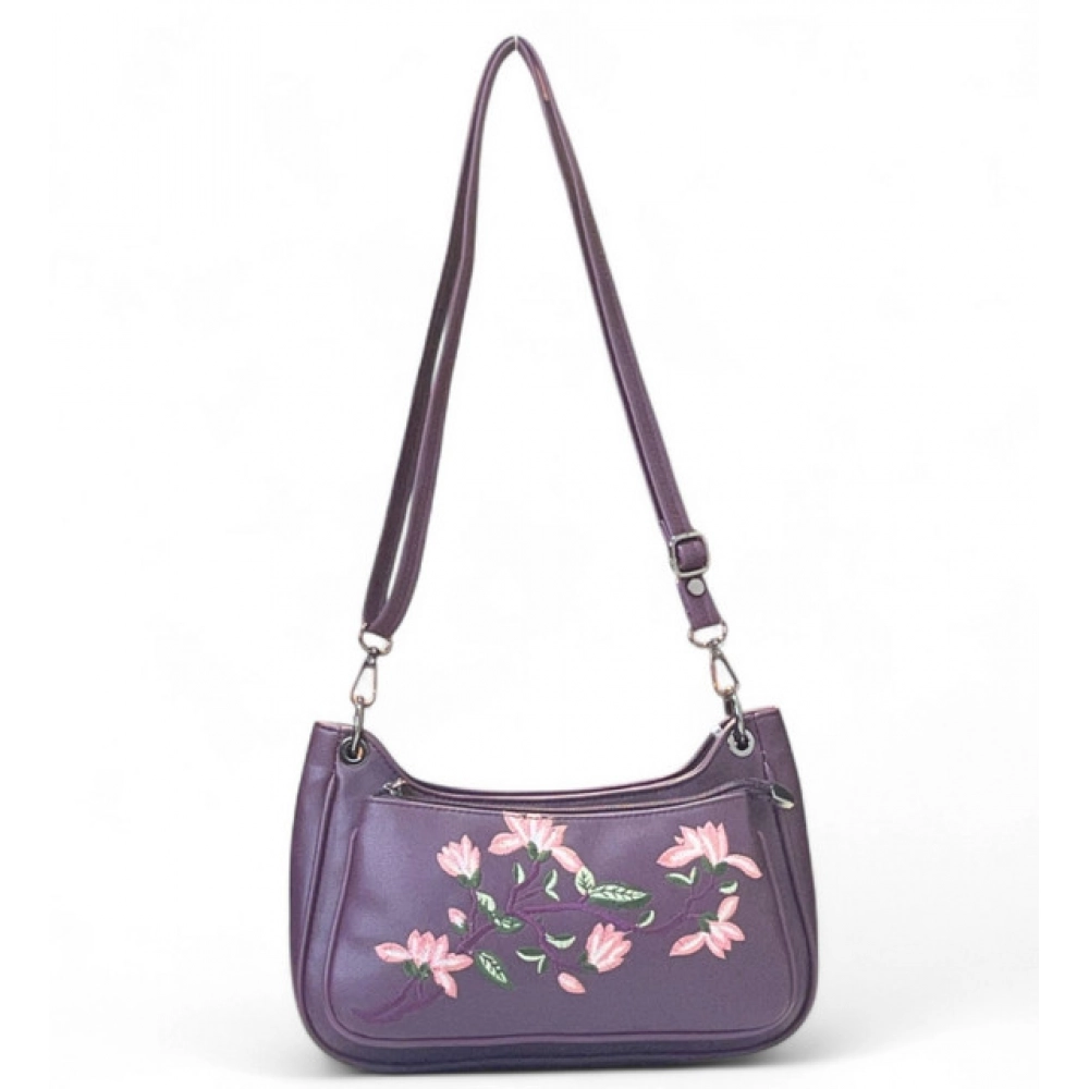 Generic Women's Polyurethane Floral Embroidered Crossbody Sling Bag with Adjustable & Removable Strap (Purple)