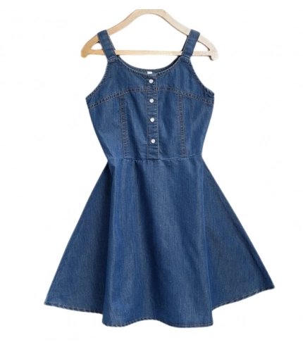 Generic Girl's Denim Printed Short Sleeve Dress with Straps (Blue)