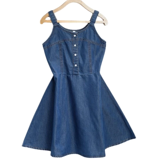 Generic Girl's Denim Printed Short Sleeve Dress with Straps (Blue)