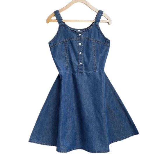Generic Girl's Denim Printed Short Sleeve Dress with Straps (Blue) Generic Girl's Denim Printed Short Sleeve Dress with Straps (Blue)