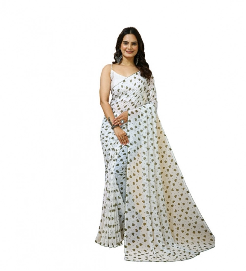 Generic Women's Georgette Printed Saree With Unstitched Blouse 5.5Mtr (White-Grey)