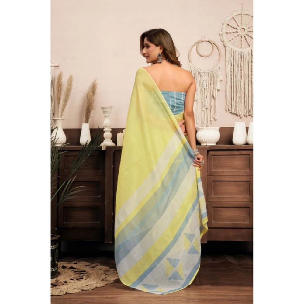 Generic Women's Linen Cotton Printed Ready To Wear With Pocket Saree With Unstitched Blouse 5.5 Mtr (Light_Yellow)