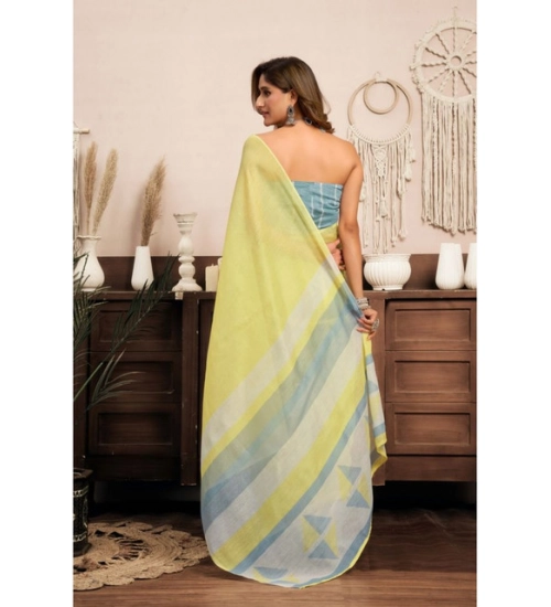 Generic Women's Linen Cotton Printed Ready To Wear With Pocket Saree With Unstitched Blouse 5.5 Mtr (Light_Yellow)