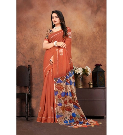 Generic Women's Linen Printed Saree With Unstitched Blouse 5.5Mtr (Red)