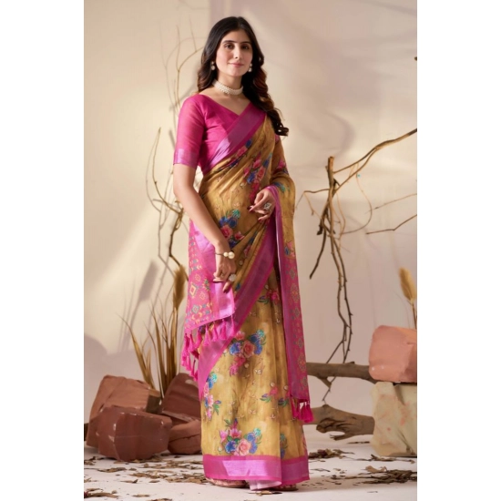 Generic Women's Faux_Linen Printed Saree With Unstitched Blouse 5.5Mtr (Gold) Generic Women's Faux_Linen Printed Saree With Unstitched Blouse 5.5Mtr (Gold)