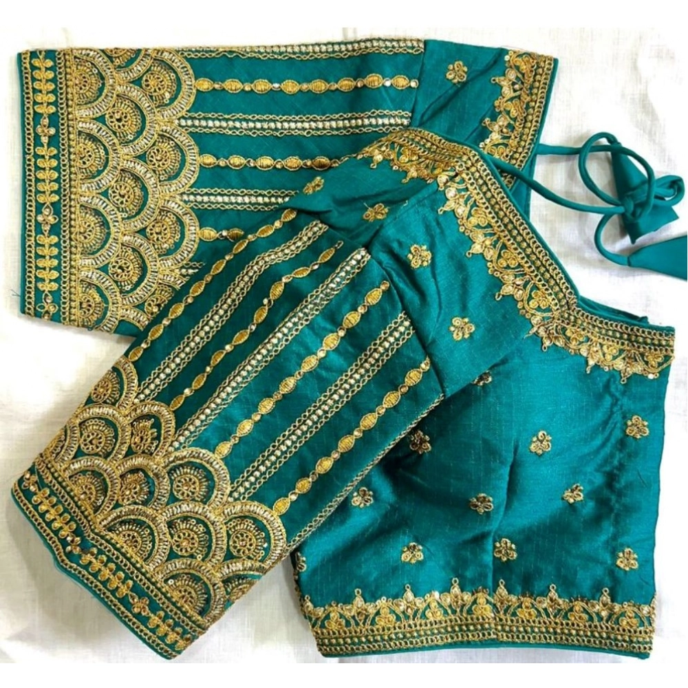 Women's Phantom Silk Embroidered Designer Neck Padded Blouse (Teal 38 Ready (Alterable up to 42)