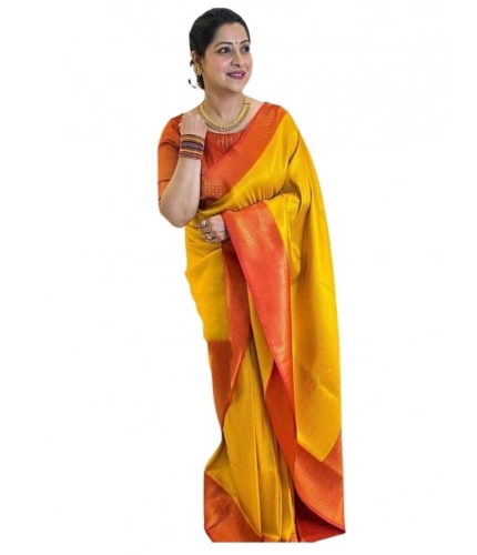 Generic Women's Soft Lichi Silk Printed Saree With Unstitched Blouse 5.5Mtr (Mustard )