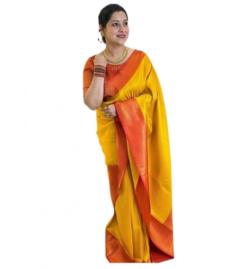 Generic Women's Soft Lichi Silk Printed Saree With Unstitched Blouse 5.5Mtr (Mustard )