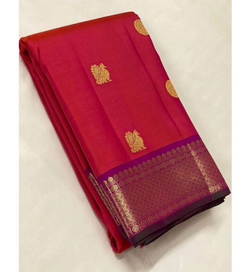 Generic Women's Soft Litchi Silk Jacquard Work Saree With Unstitched Blouse 5.5Mtr (Red)