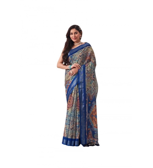 Generic Women's Faux_Linen Printed Saree With Unstitched Blouse 5.5Mtr (Navy_Blue)