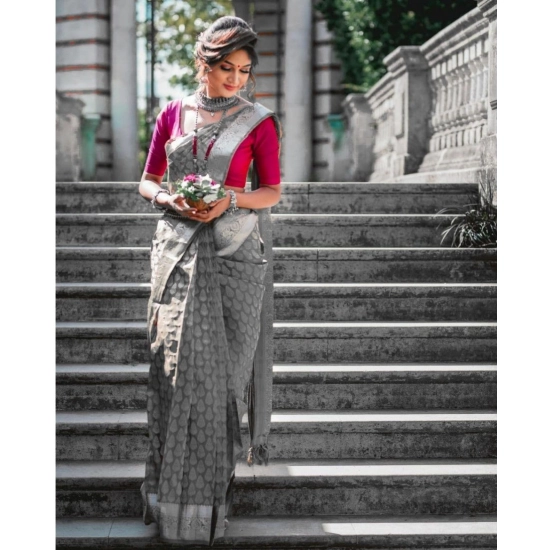 Generic Women's Soft Litchi Silk Jacquard Work Saree With Unstitched Blouse 5.5Mtr (Gray) Generic Women's Soft Litchi Silk Jacquard Work Saree With Unstitched Blouse 5.5Mtr (Gray)