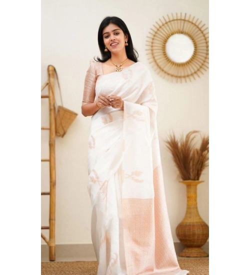 Generic Women's Litchi silk Printed Saree With Unstitched Blouse (White)