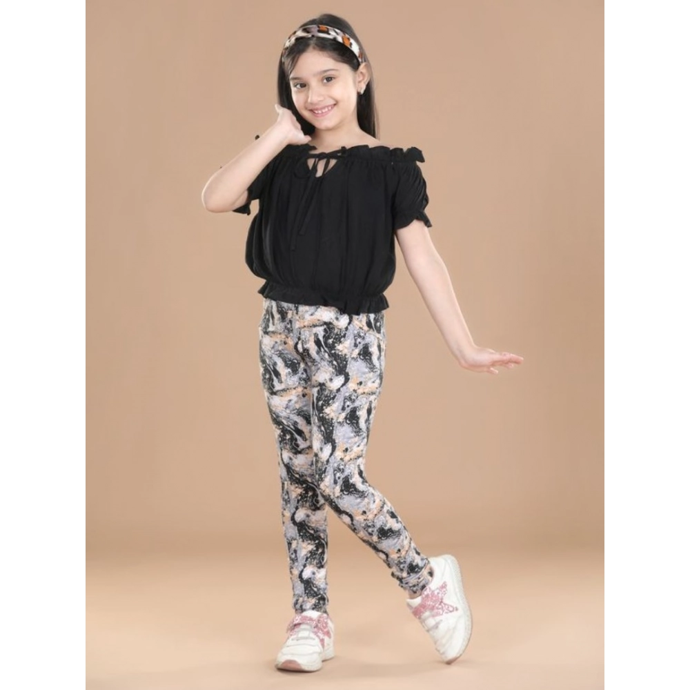Girl's Cotton Floral Elasticated Jegging and Top Set (Black)