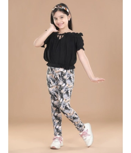 Generic Girl's Cotton Floral Elasticated Jegging and Top Set (Black)