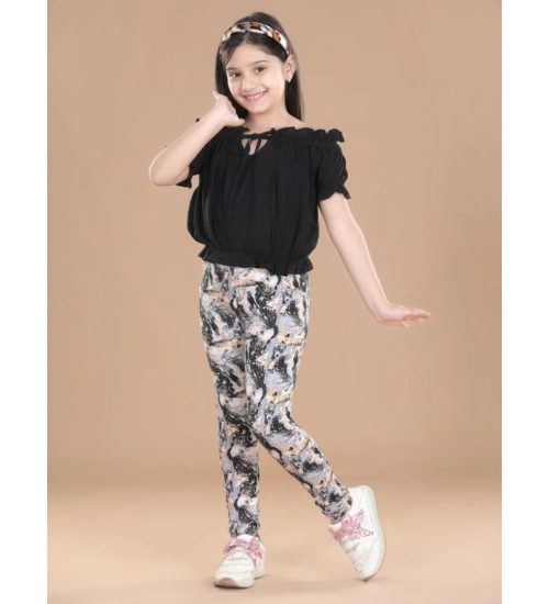 Generic Girl's Cotton Floral Elasticated Jegging and Top Set (Black)