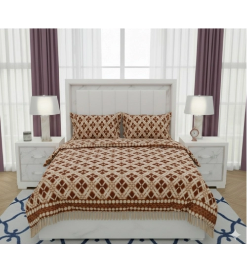 Generic Fleece Geometric Double Polar Warm Bedsheet with 2 Pillow Cover (Brown)