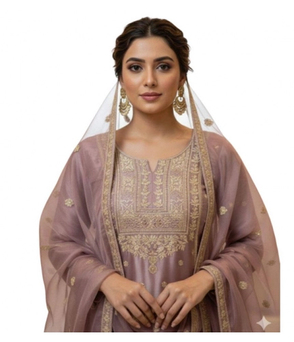 Generic Women's Silk Embroidered 3/4th Sleeve Round Kurti With Sharara Pant and Dupatta Set (Purple)
