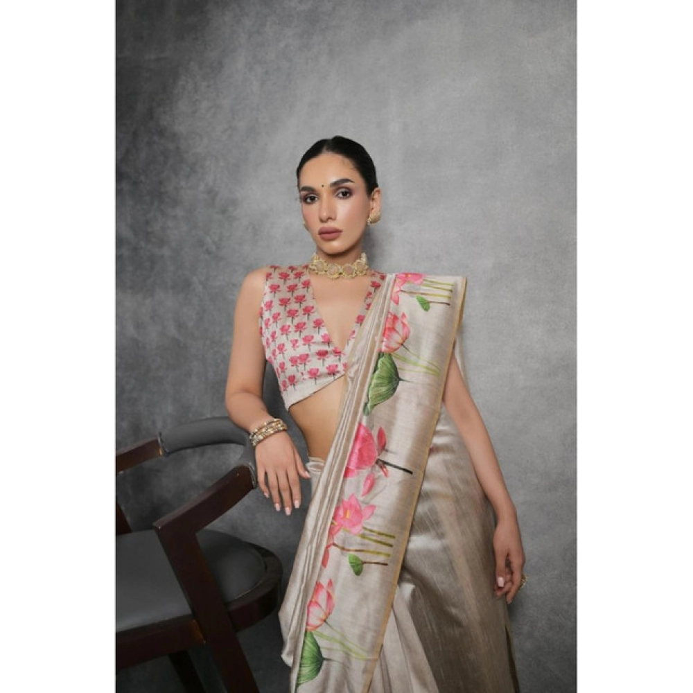 Generic Women's Cotton Printed Saree With Unstitched Blouse 5.5 Mtr (Cream)