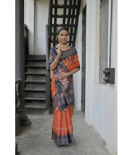 Generic Women's Faux_Tussar Ikat Saree With Unstitched Blouse 5.5Mtr (Orange)