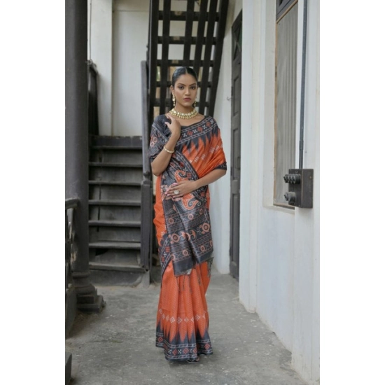 Generic Women's Faux_Tussar Ikat Saree With Unstitched Blouse 5.5Mtr (Orange) Generic Women's Faux_Tussar Ikat Saree With Unstitched Blouse 5.5Mtr (Orange)