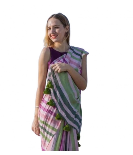 Generic Women's Linen Printed Saree With Unstitched Blouse 5.5Mtr (Pink)