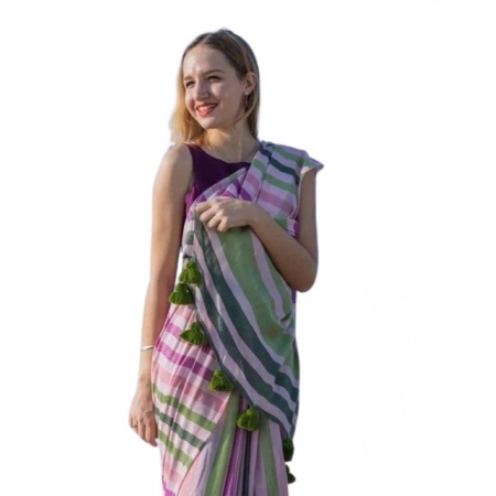 Generic Women's Linen Printed Saree With Unstitched Blouse 5.5Mtr (Pink)