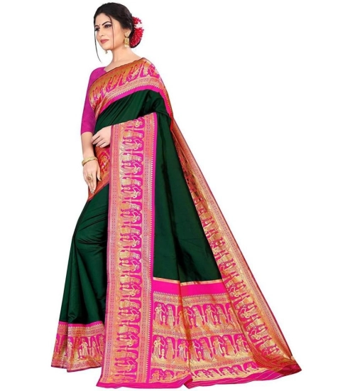 Generic Women's Soft Litchi Silk Jacquard Work Saree With Unstitched Blouse 5.5Mtr (Green)