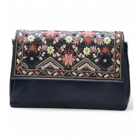 Generic Women's Polyurethane Floral Embroidered Crossbody Sling Bag with Adjustable &amp; Removable Strap (Black)