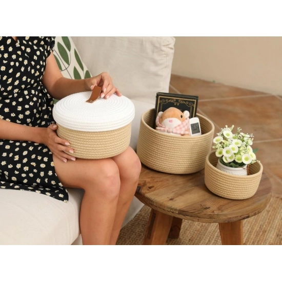 Generic Cotton 3 Pcs Set Roti Box Storage Basket With Lid (Beige-White) Generic Cotton 3 Pcs Set Roti Box Storage Basket With Lid (Beige-White)