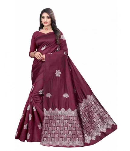 Generic Women's Soft Lichi Silk Printed Saree With Unstitched Blouse 5.5Mtr (Wine)