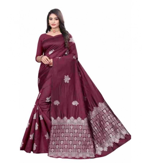 Generic Women's Soft Lichi Silk Printed Saree With Unstitched Blouse 5.5Mtr (Wine)