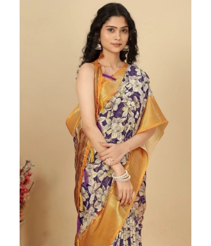 Generic Women's Cotton Silk Floral Printed Saree With Unstitched Blouse 5.5Mtr (Purple)