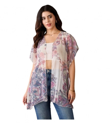 Generic Women's Chiffon Printed Short Sleeves Shrug (White - Purple)
