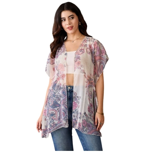 Generic Women's Chiffon Printed Short Sleeves Shrug (White - Purple)