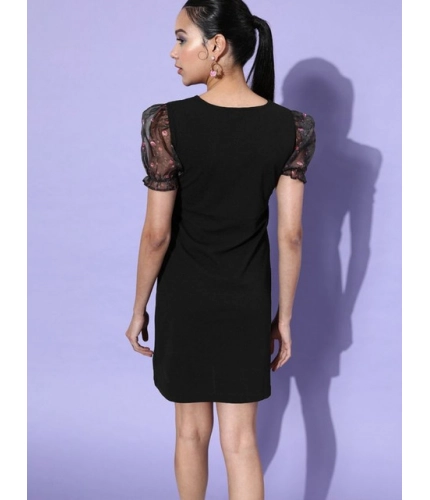 Generic Women's Organza And Polyester Lycra Floral Short Sleeve Dress (Black)