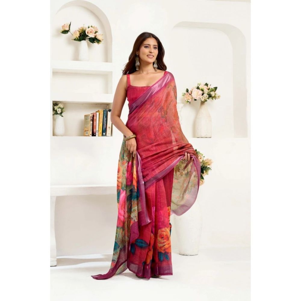 Generic Women's Linen Cotton Printed Ready To Wear Saree With Unstitched Blouse 5.5 Mtr (Pink)