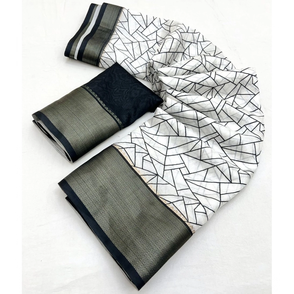 Women's Cotton Silk Printed Saree With Unstitched Blouse 5.5Mtr (White-Black)