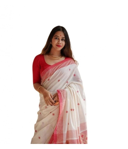 Generic Women's Soft Lilan Printed Saree With Unstitched Blouse 5.5Mtr (White)