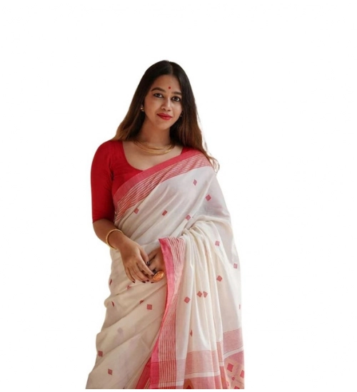 Generic Women's Soft Lilan Printed Saree With Unstitched Blouse 5.5Mtr (White)