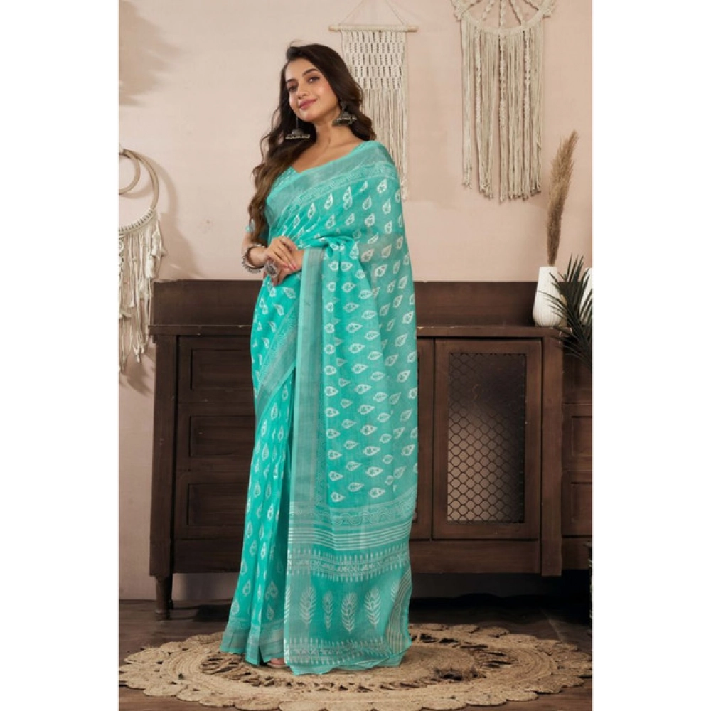 Generic Women's Linen Cotton Printed Ready To Wear Saree With Unstitched Blouse 5.5 Mtr (Sea_Green)