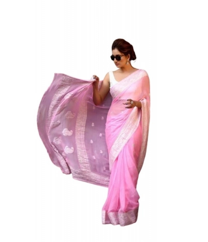 Generic Women's Soft Lichi Silk Printed Saree With Unstitched Blouse 5.5Mtr (Pink)
