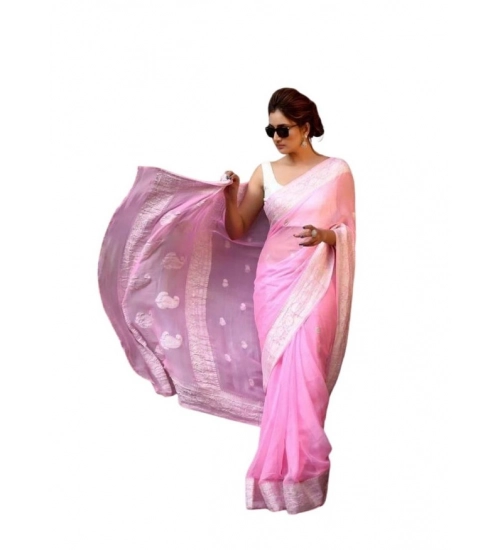 Generic Women's Soft Lichi Silk Printed Saree With Unstitched Blouse 5.5Mtr (Pink)