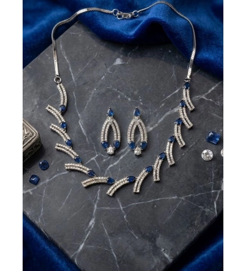 Generic Women's Brass Silver Plated Necklace set (Blue)