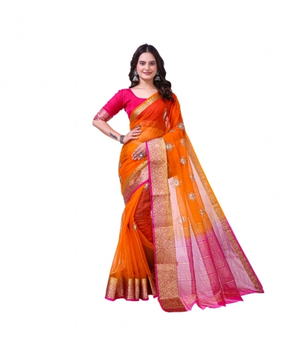 Generic Women's Organza jacquard Embellished Saree With Unstitched Blouse 5.5Mtr (Orange)
