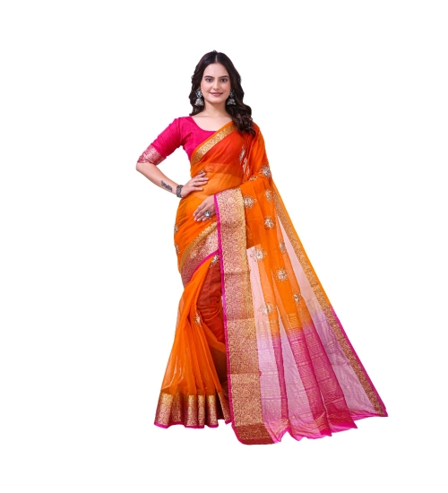 Generic Women's Organza jacquard Embellished Saree With Unstitched Blouse 5.5Mtr (Orange)