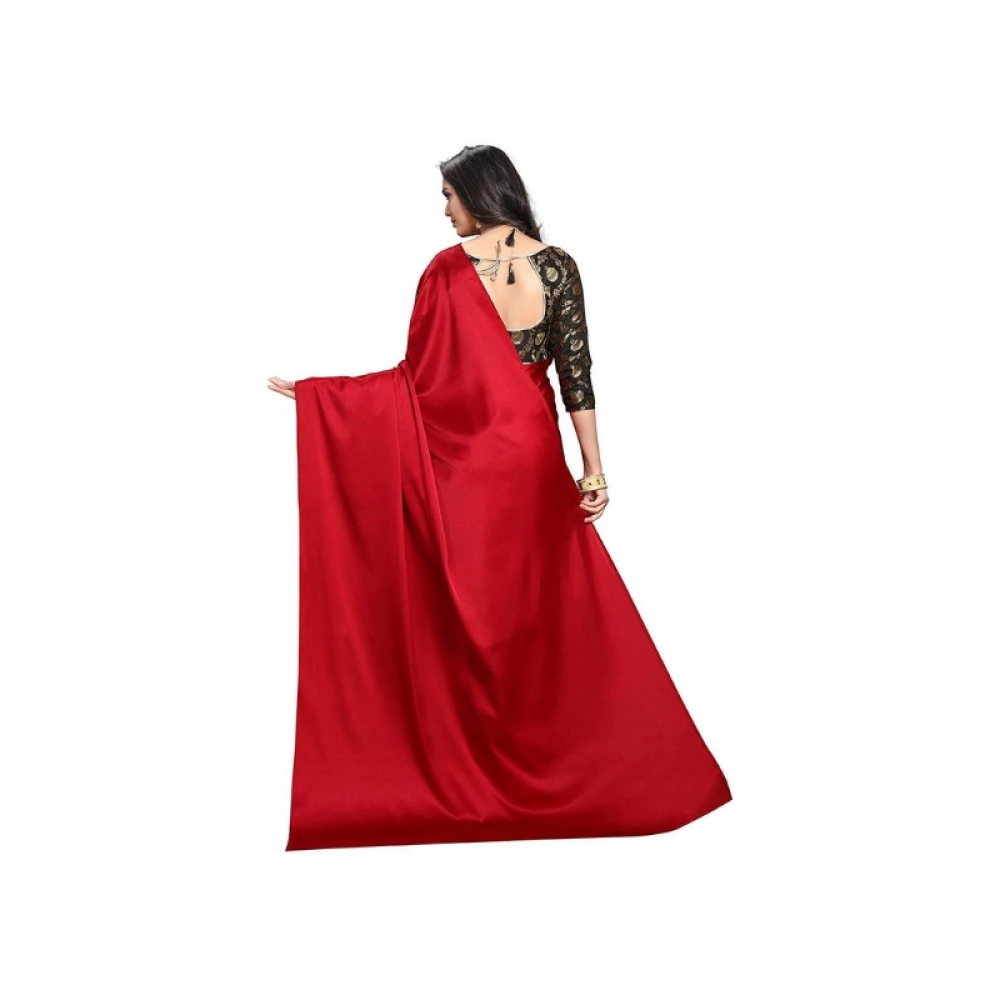 Generic Women's Satin Solid Saree With Unstitched Blouse 5.5Mtr (Red)