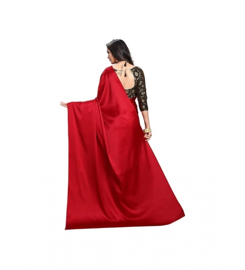 Generic Women's Satin Solid Saree With Unstitched Blouse 5.5Mtr (Red)